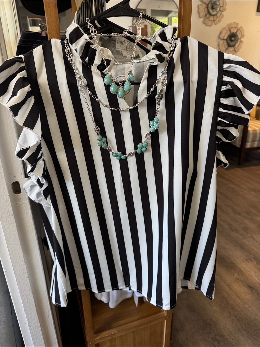 Black & White Striped Ruffle Sleeve Top